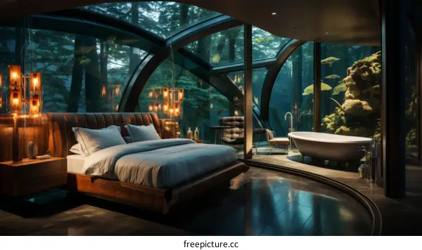 Futuristic Bedroom Interior with Forest View