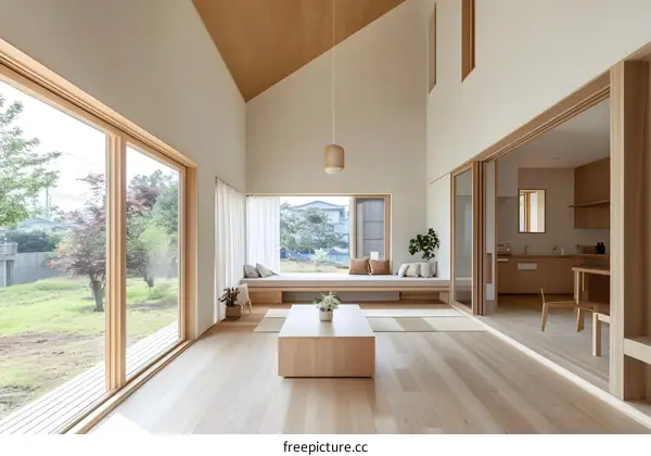 Modern Japanese Style House Interior Design with Wooden Floor and Large Windows