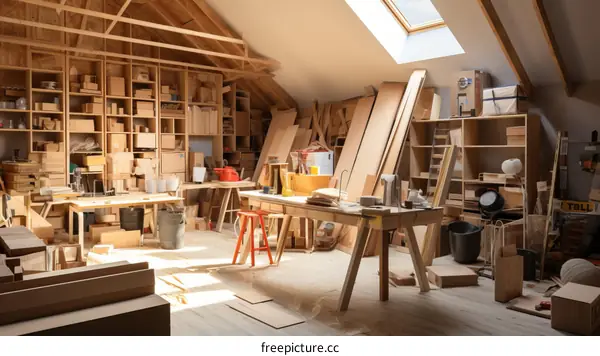 A Large Attic Workshop Space with Wooden Shelves and Workbenches