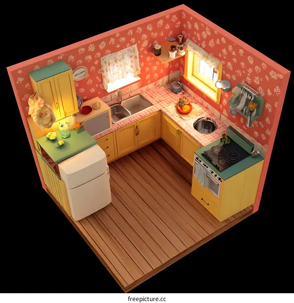 Yellow and Green Kitchen Interior Design With Floral Wallpaper