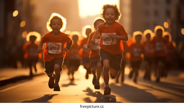 Kids running a race in the city streets