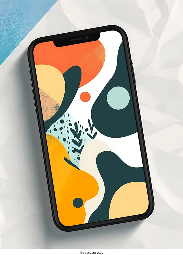 Abstract Phone Wallpaper Design With Colorful Shapes And Green Leaves