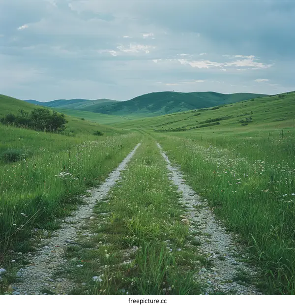 Serene Country Road Winding Through Lush Green Meadow