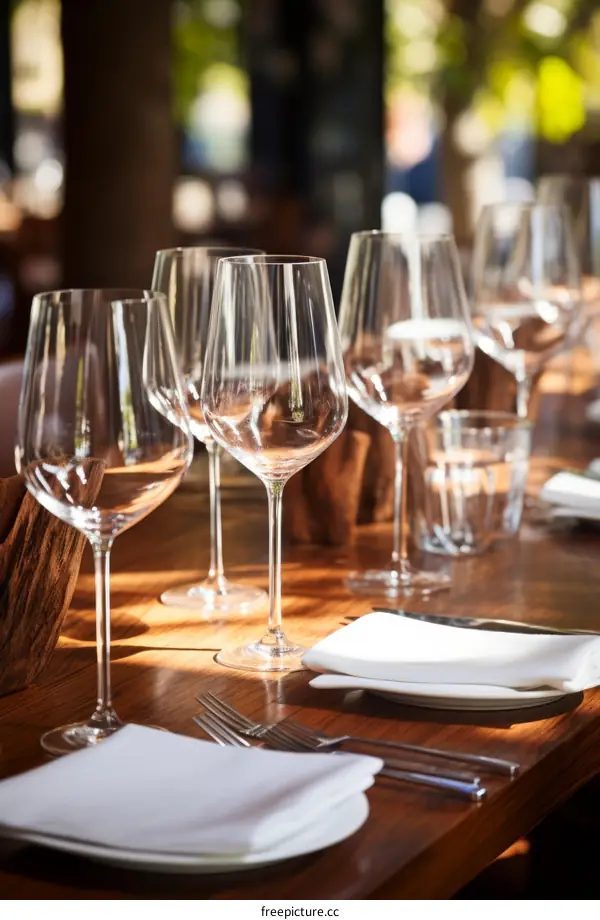 Wine glasses setting bathed in sunlight