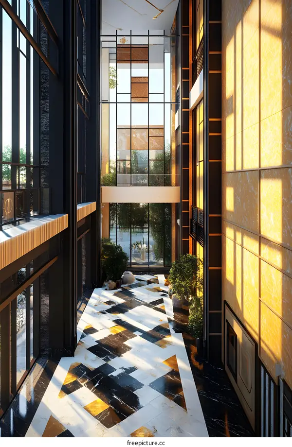 Modern Building Interior With Black And White Marble Floor