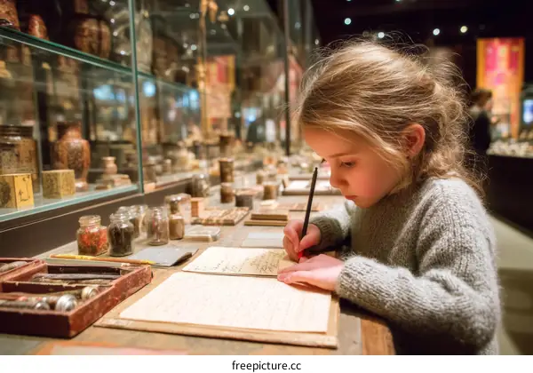 Young Girl Studying in a Museum Exhibit