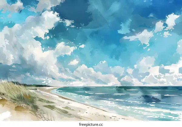 Watercolor Painting of a Beach Under a Blue Sky with Clouds