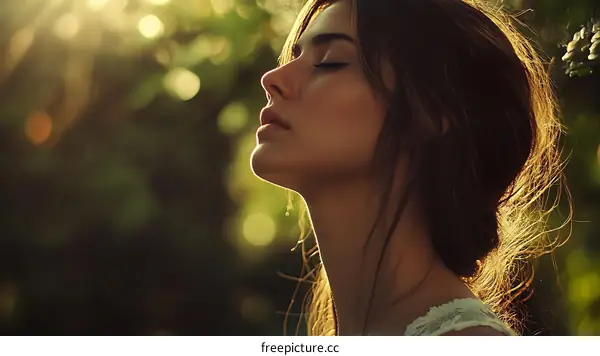 Woman with Brown Hair Closing Her Eyes in Sunlight