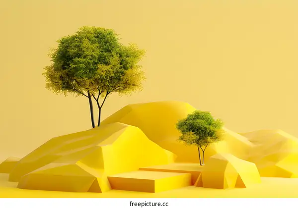 Minimalist 3D Render of Yellow Mountains and Trees