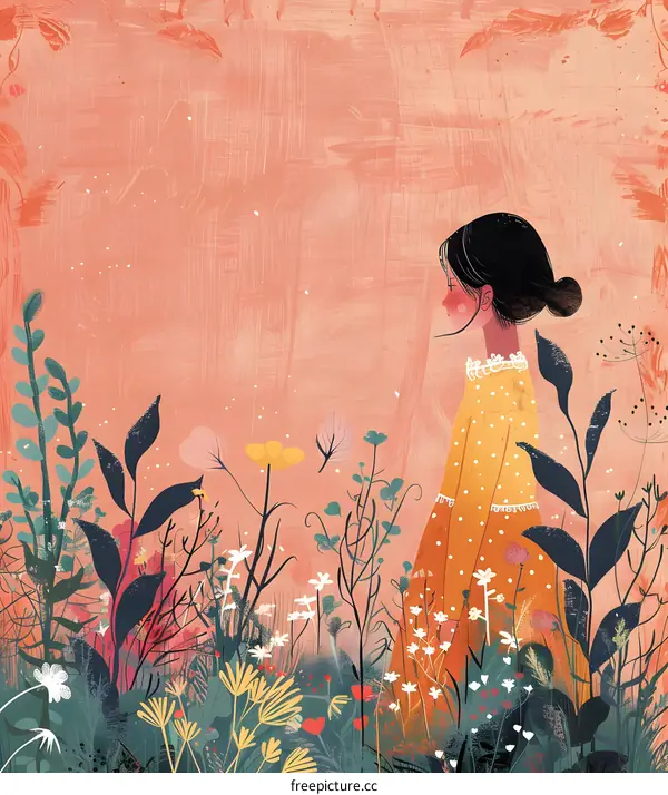 Girl in a Yellow Dress Stands in a Field of Flowers