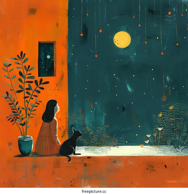 Moonlight Serenade: Woman and Cat Gazing at the Stars