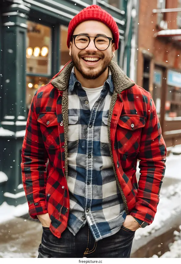 Smiling Man Wearing Red Plaid Jacket In The Winter