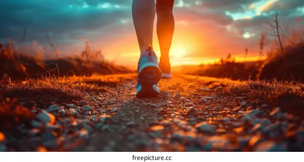 A runner is running on a rural road at sunset