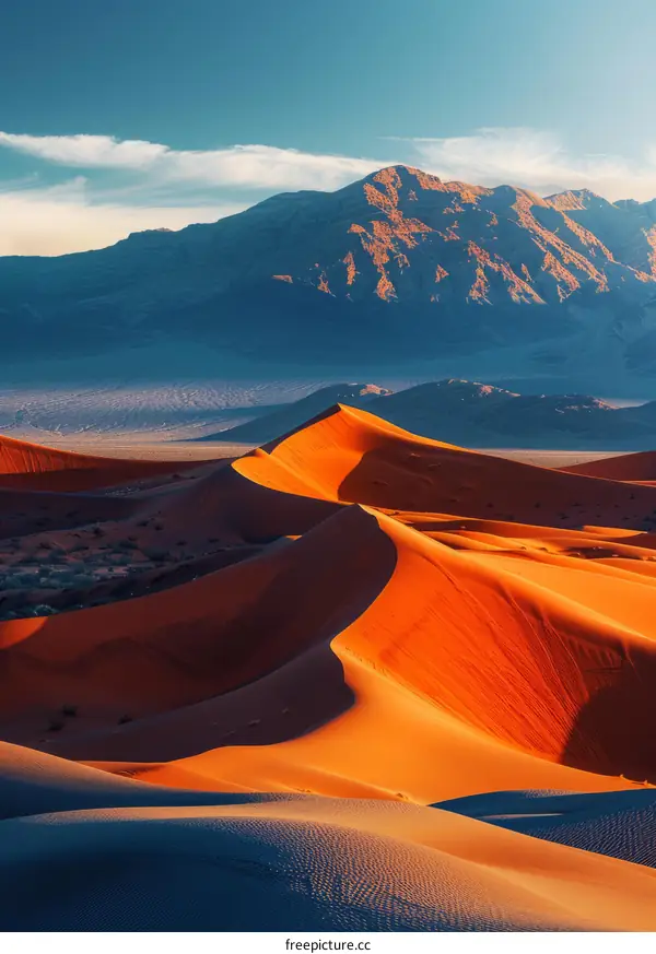A vast expanse of sand dunes in the desert with a mountain range in the distance