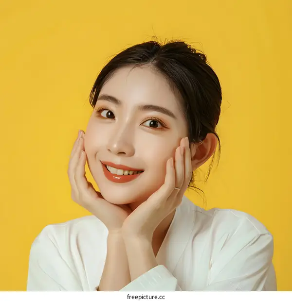 Smiling Asian Woman Portrait with Yellow Background