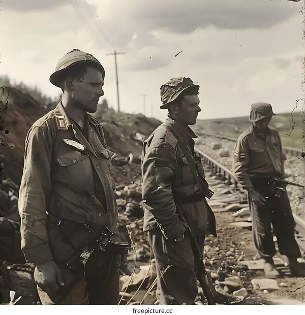 Three soldiers standing on a destroyed railway track during World War II