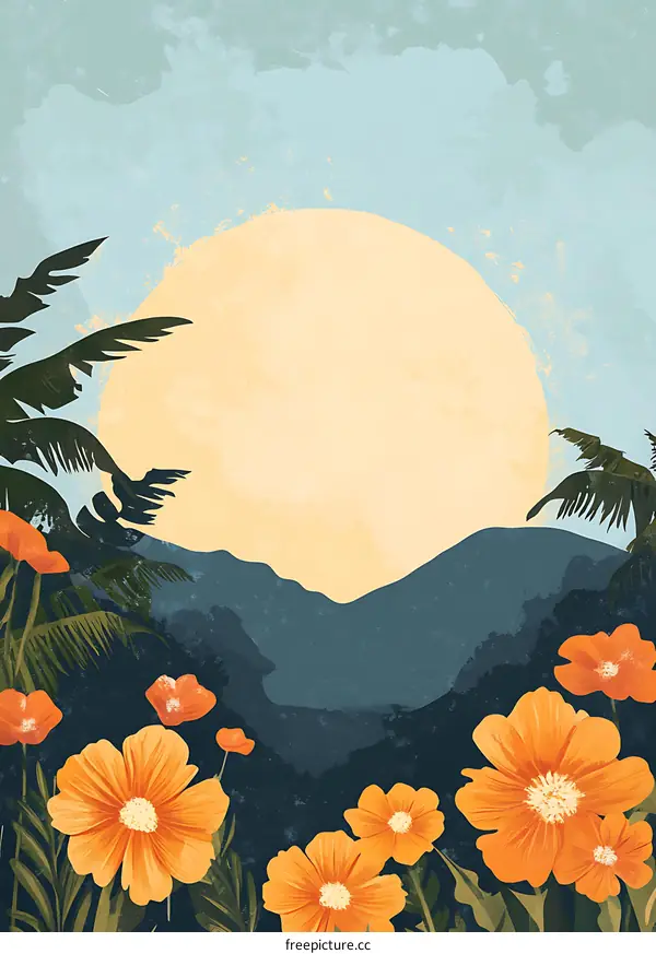 Sunset Mountain Landscape with Palm Trees and Flowers
