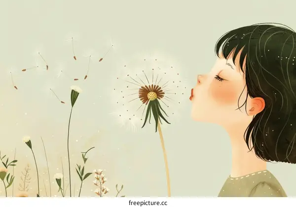 A young girl blows dandelion seeds in a field on a windy day