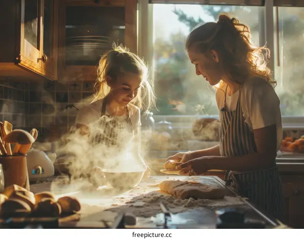 Two young women knead dough on a kitchen counter