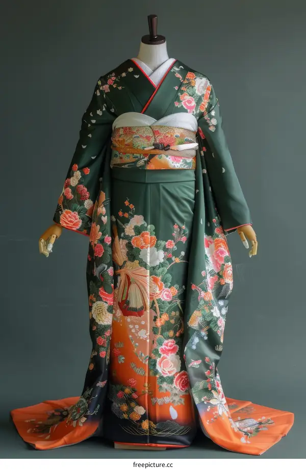 A woman wearing a green kimono with floral patterns