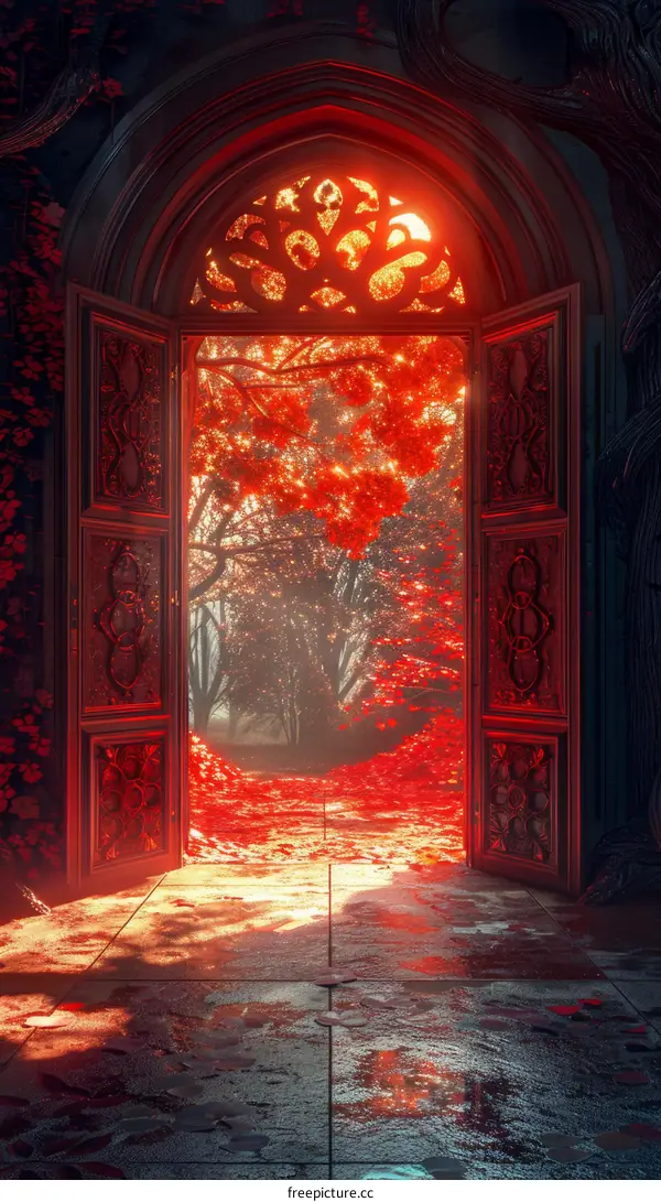 Red Door in Autumn Forest