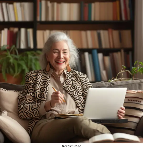 Confident senior woman sitting on couch and using laptop