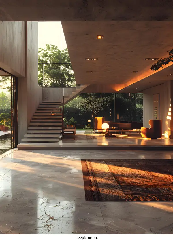 Modern Concrete House Interior With Large Windows And Sunlight