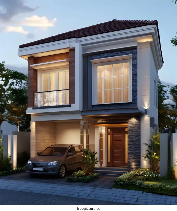 Modern Two Story Home with a Car in the Driveway