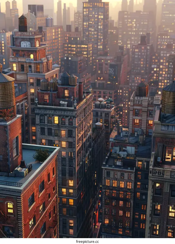 A cityscape of tall buildings with many windows