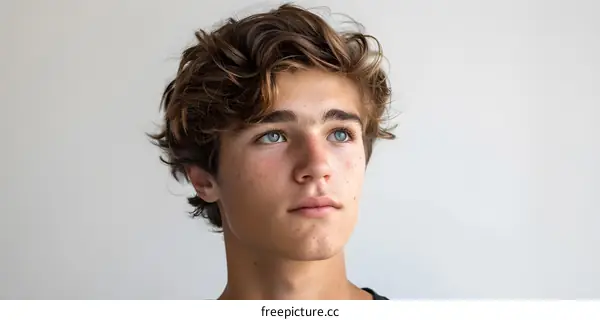 Portrait of a Young Man with Blue Eyes and Freckles Looking Up