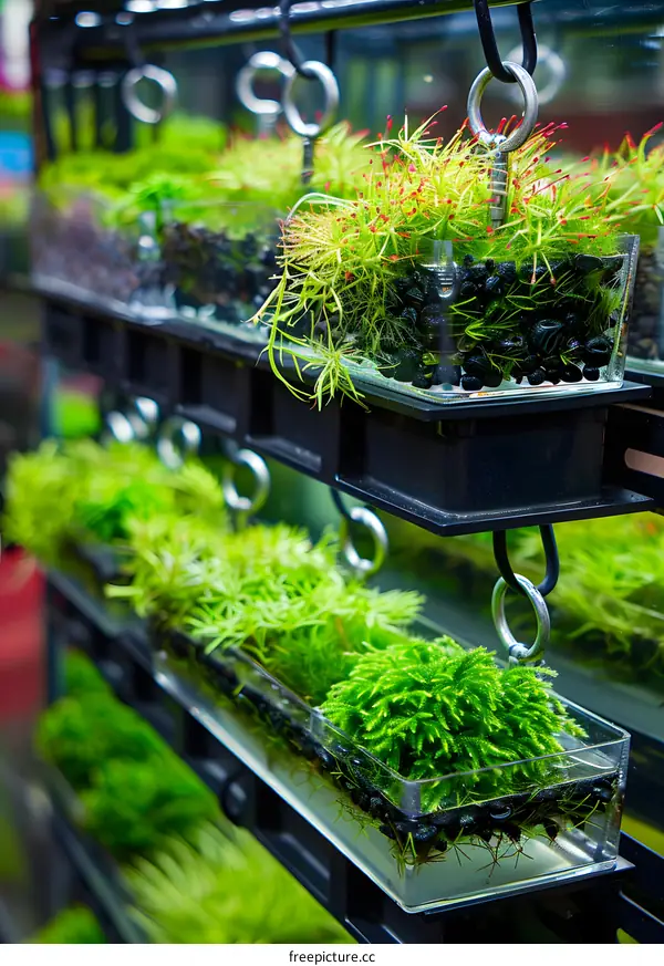 Vertical Garden with Green Plants in Transparent Containers