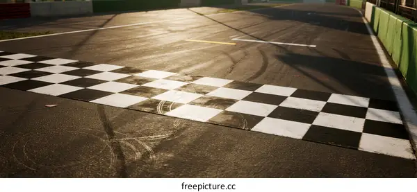 Checkered finish line on a race track under sunlight