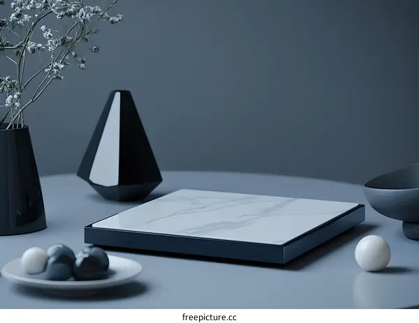 Minimalist Marble Tray with Geometric Decor on a Blue Background