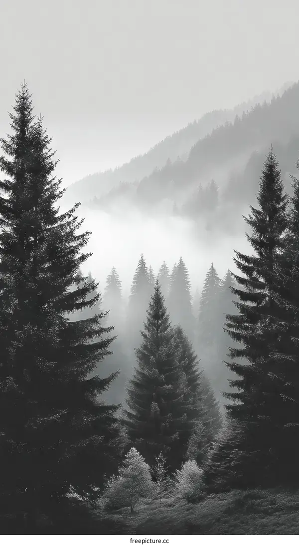 Misty Mountain Forest Landscape in Black and White