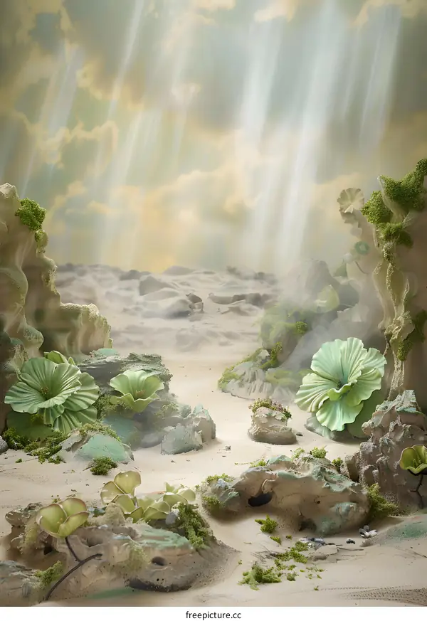 Fantasy Landscape with Green Plants and Light Rays