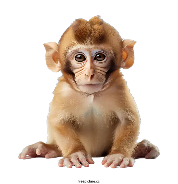 [Transparent Background PNG]A cute baby monkey with big ears and brown fur is sitting on a white background
