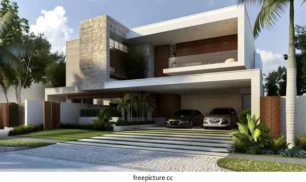 Modern House with Stone and Wood Exterior