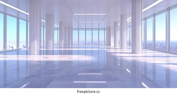 Modern Empty Office Space With White Columns And Panoramic City View