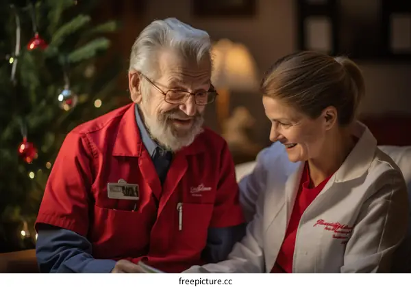 Caregiver and elderly man looking at photo album