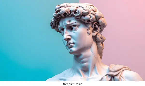 Close Up of David Statue with Blue and Pink Background