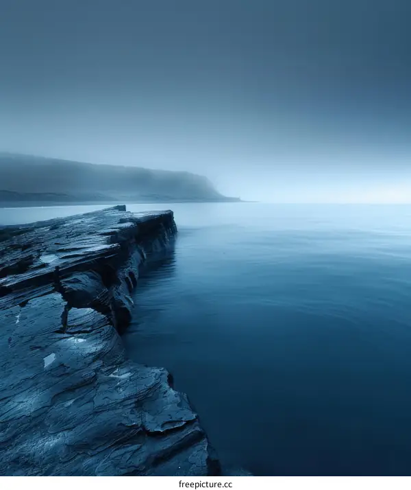 Rocky coast with a view of the sea and sky in shades of blue
