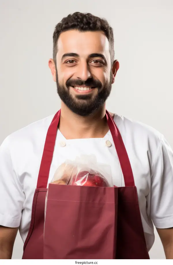 Portrait of a male chef holding a bag of groceries