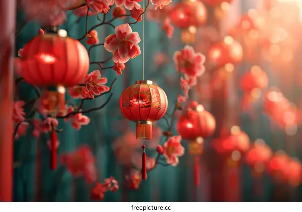 Red Paper Lanterns Adorn Tree with Pink Blossoms