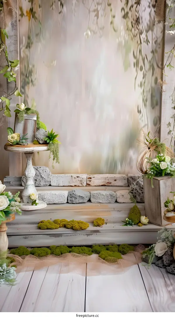 Rustic Wooden Steps with Greenery Background