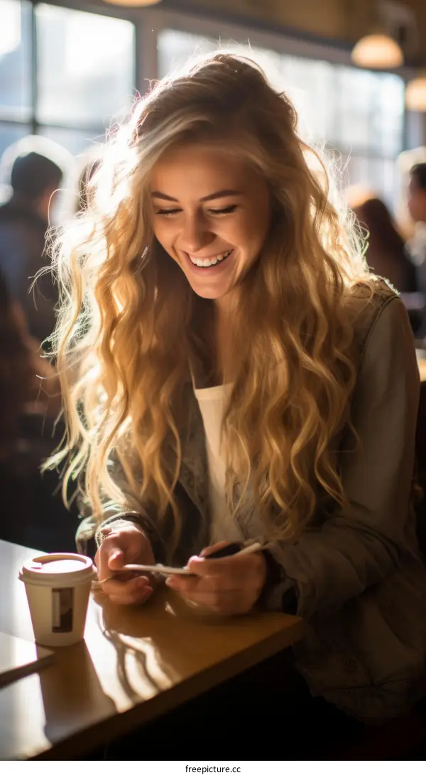 Blonde woman smiling while holding her phone