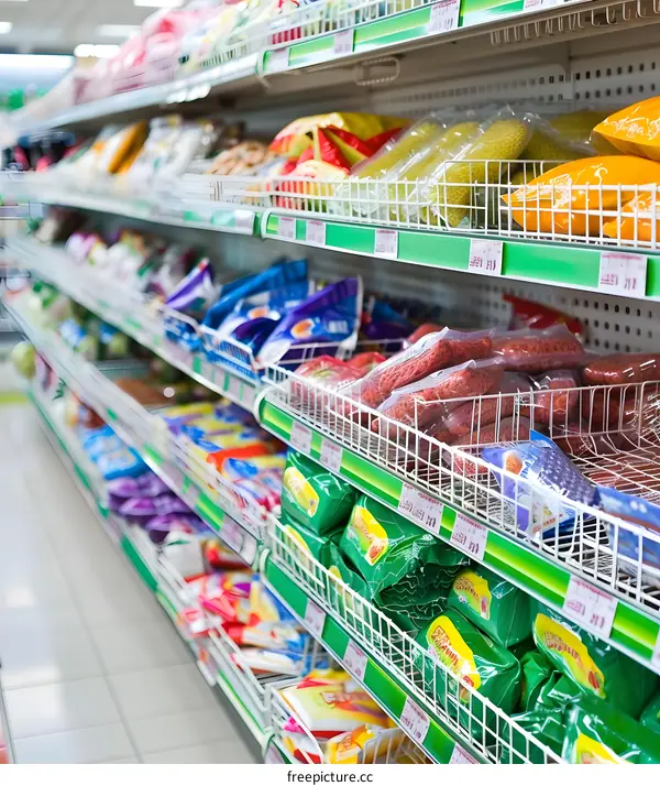 Grocery Store Aisle Full of Products in Plastic Packaging