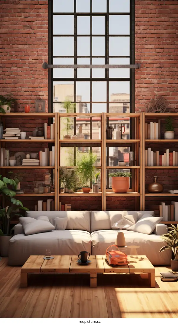 Retro Living Room with Exposed Brick Walls and Large Windows