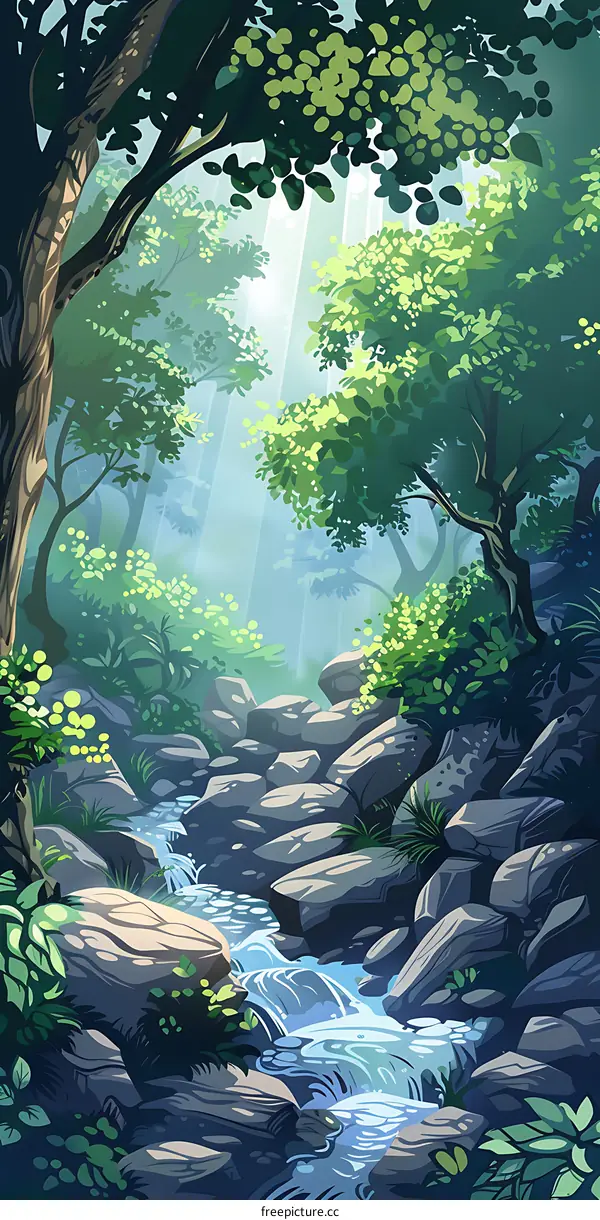 Green Forest with Stream and Sunlight