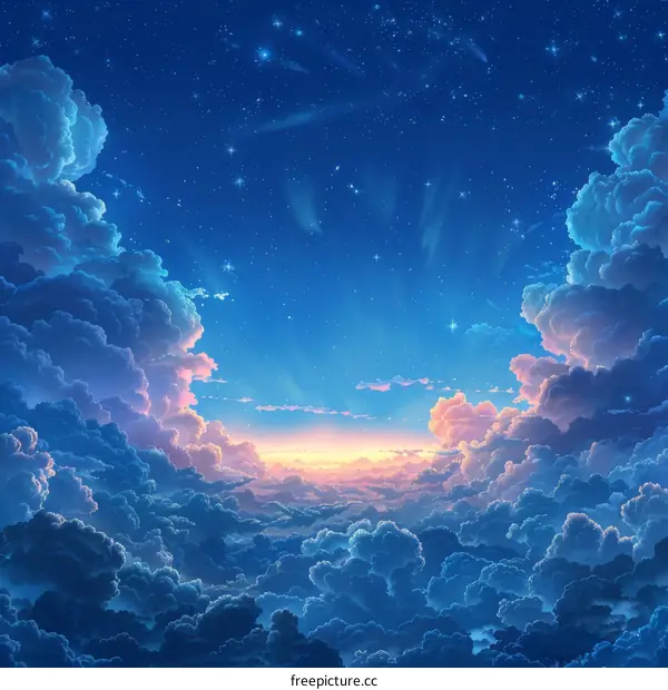 Fantasy sky and cloudscape with bright stars and setting sun
