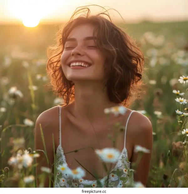 Curly girl enjoying the sunset in a chamomile field